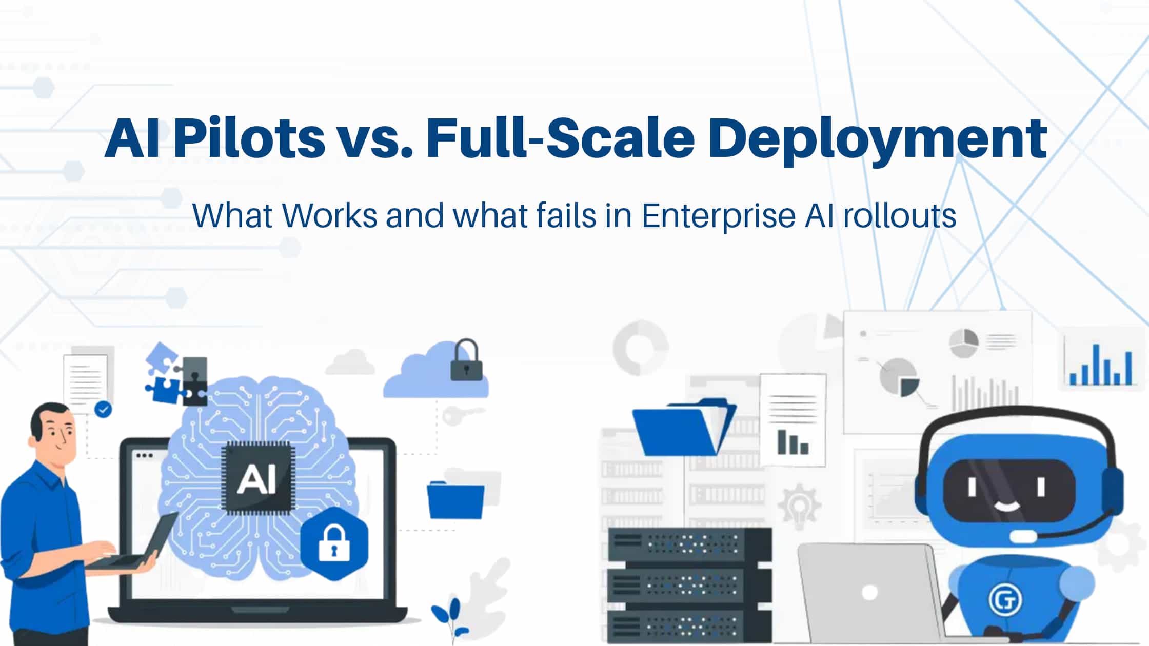 Team analyzing results of AI pilot project on laptop, Workflow diagram: AI pilot vs full-scale deployment, Business leader reviewing AI ROI metrics